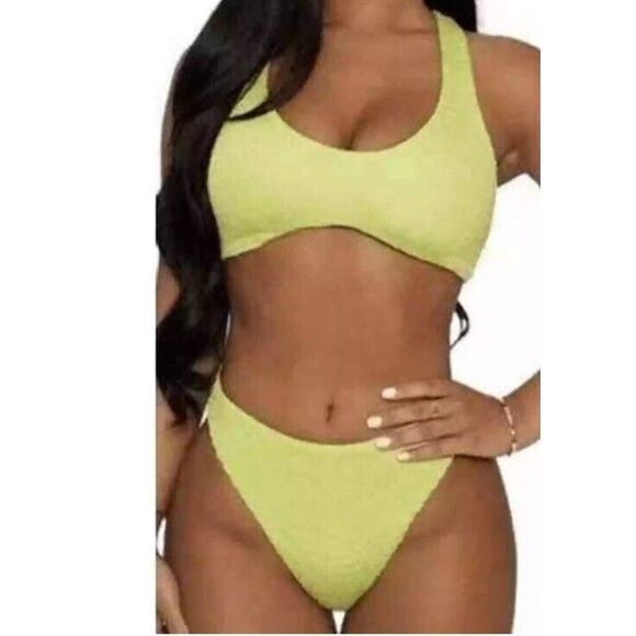 Naked Wardrobe Swim Sz XSmall 2-Piece Bikini Smocked Bathing Suit Lime Green - Picture 4 of 5
